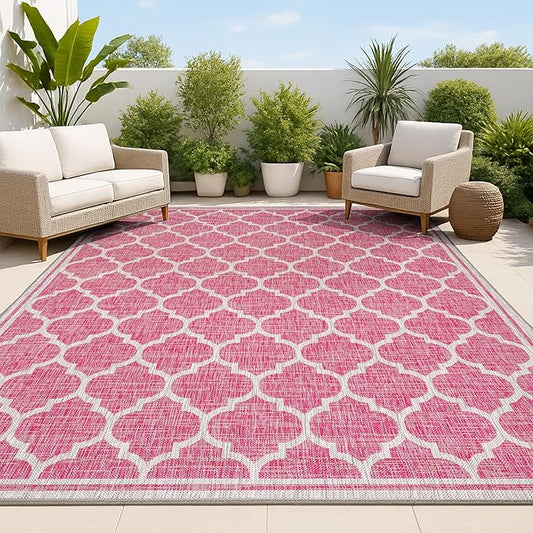 JONATHAN Y Moroccan Trellis Indoor Outdoor Area Rug 5X8 Fuchsia/Light Gray, Trebol Textured Weave for Backyard, Patio, Porch, Easy-Cleaning, High Traffic, Pet-Friendly, Non-Shedding (SMB109H-5)
