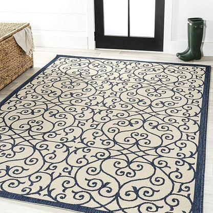 JONATHAN Y Vintage Filigree Indoor Outdoor Area Rug 4X6 Navy/Beige, Madrid Textured Weave for Backyard, Patio, Porch, Easy-Cleaning, High Traffic, Pet-Friendly, Non-Shedding (SMB107G-4)