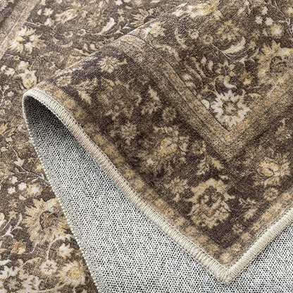 HUGEAR Round Rug 6ft Entryway Rugs Machine Washable Brown Hallway Area Rug 6x6 Large Circle Accent Rug Floral Low Pile Carpet Soft Throw Rug Living Room Office Laundry Room Entrance Non Slip