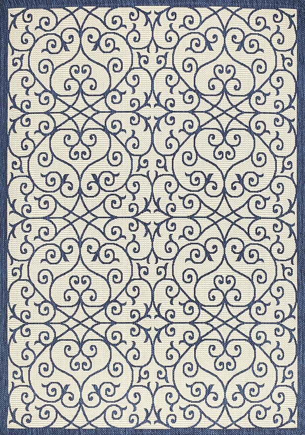 JONATHAN Y Vintage Filigree Indoor Outdoor Area Rug 4X6 Navy/Beige, Madrid Textured Weave for Backyard, Patio, Porch, Easy-Cleaning, High Traffic, Pet-Friendly, Non-Shedding (SMB107G-4)