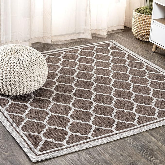 JONATHAN Y Moroccan Trellis Indoor Outdoor Square Area Rug 6X6 Espresso/Taupe, Trebol Textured Weave for Backyard, Patio, Porch, Easy-Cleaning, Pet-Friendly, Non-Shedding (SMB109B-6SQ)